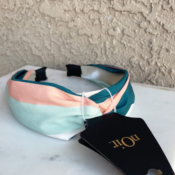 NOIR NWT Teal, Turquoise Green, Aqua & Peach Striped Satin Twist Knot Headband - Picture 6 of 6